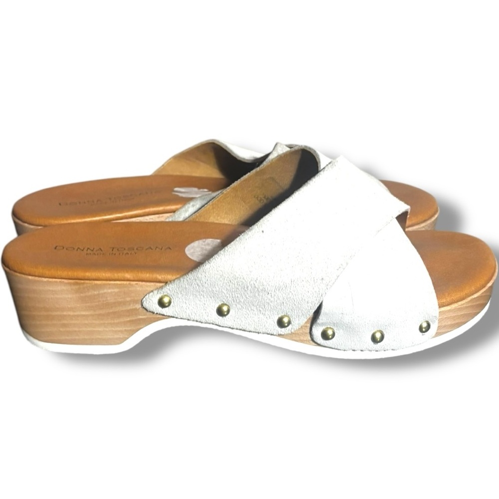 Donna Toscana Made in Italy White Criss Cross Leather Wooden Heel Clog Slides - Picture 4 of 6